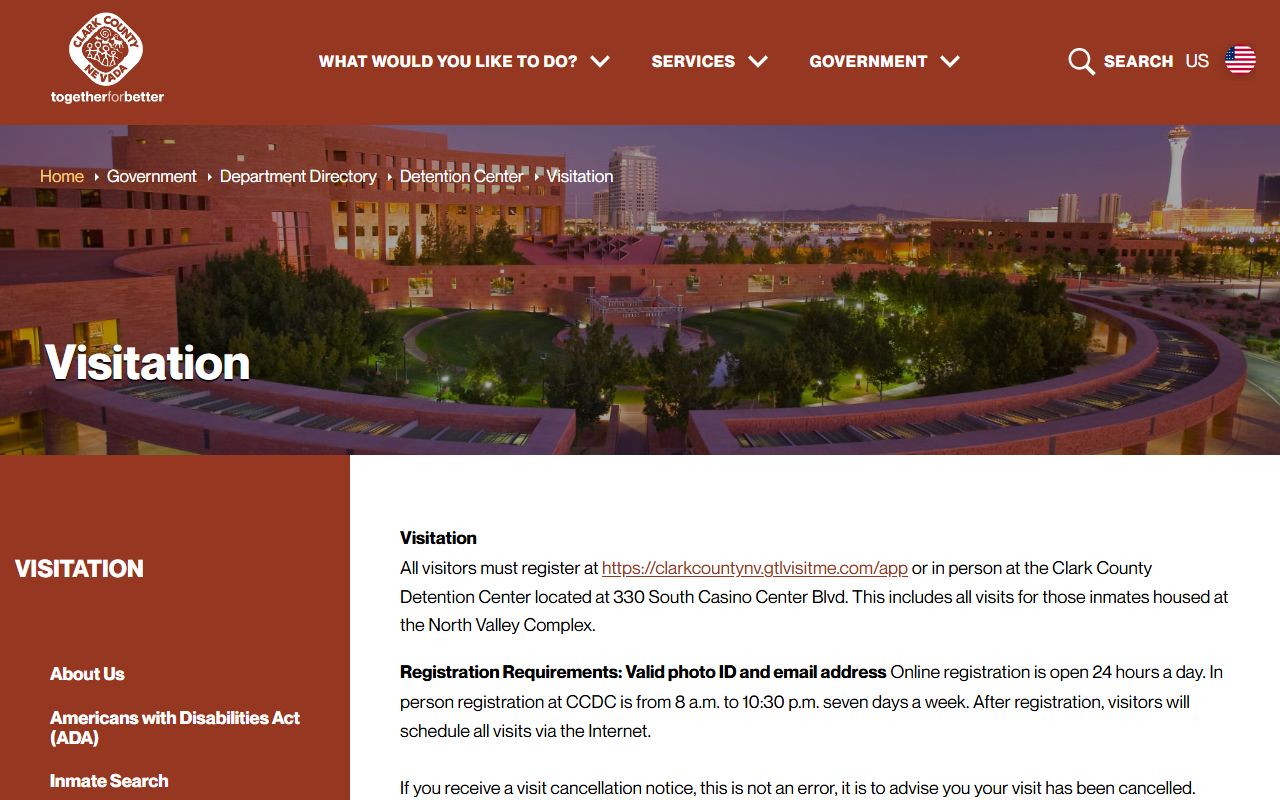 Clark County Detention Center visitation rules and scheduling page