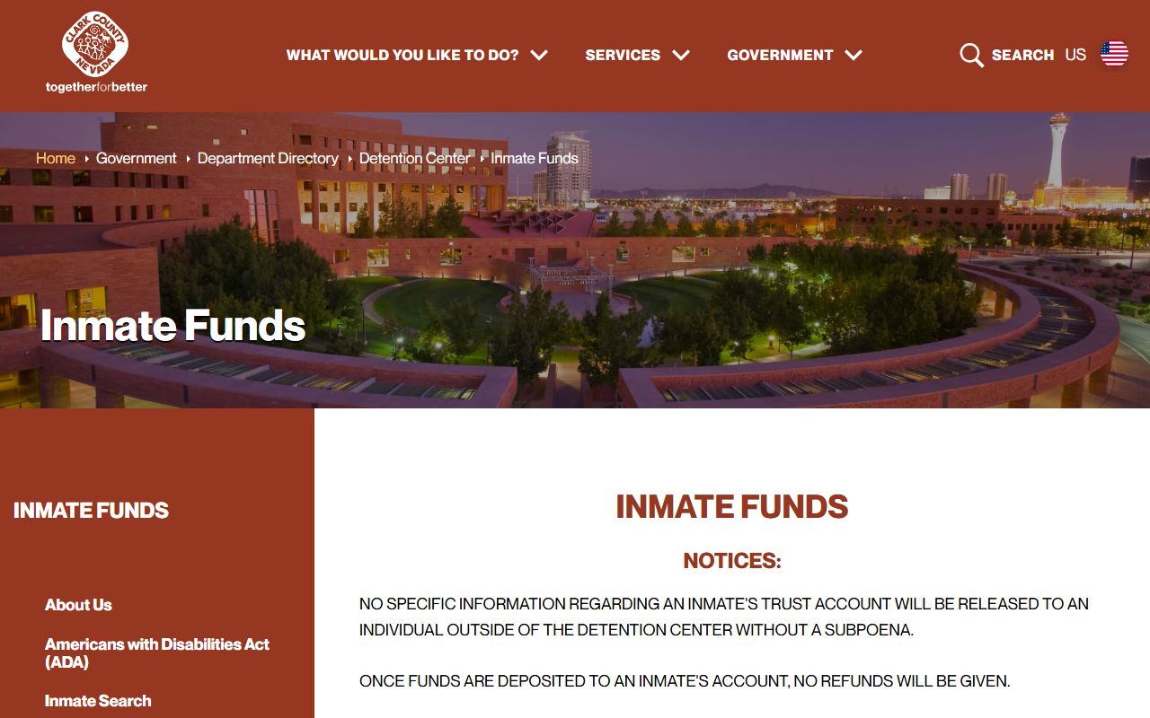 Clark County Detention Center inmate funds and commissary page