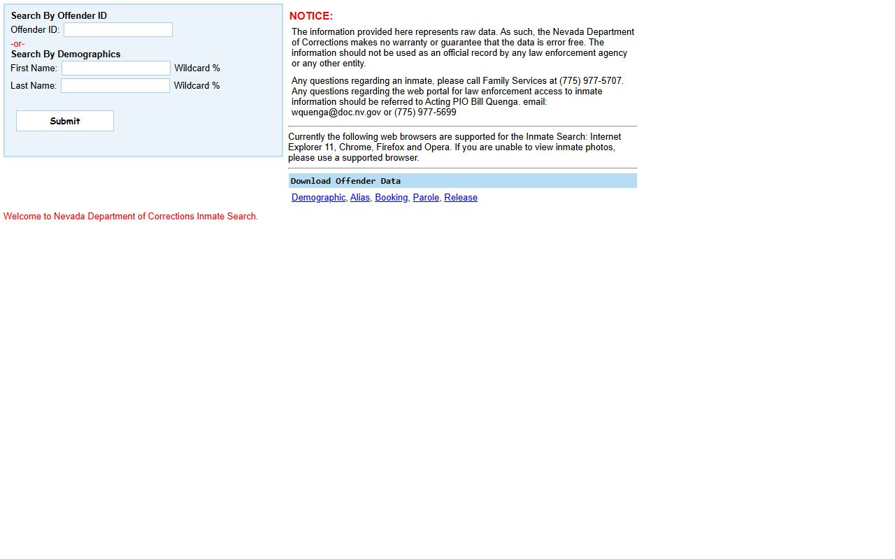 Nevada DOC offender search form for Southern Desert Correctional Center inmate records