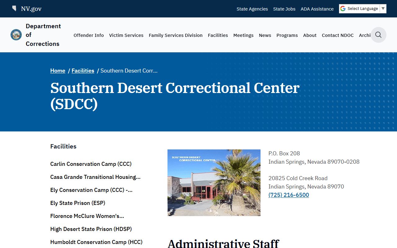 Southern Desert Correctional Center NDOC facility page for Clark County inmate lookup