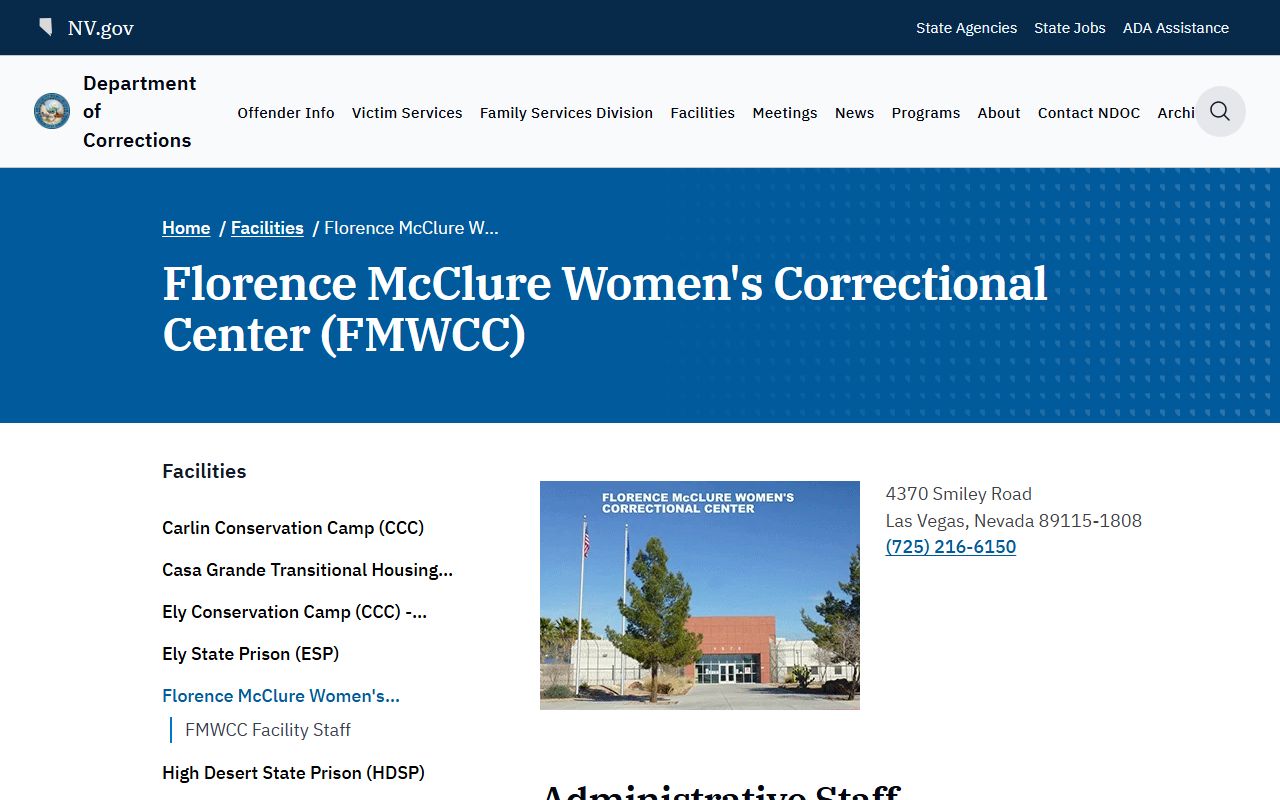 Florence McClure Women's Correctional Center NDOC page for Clark County inmate search