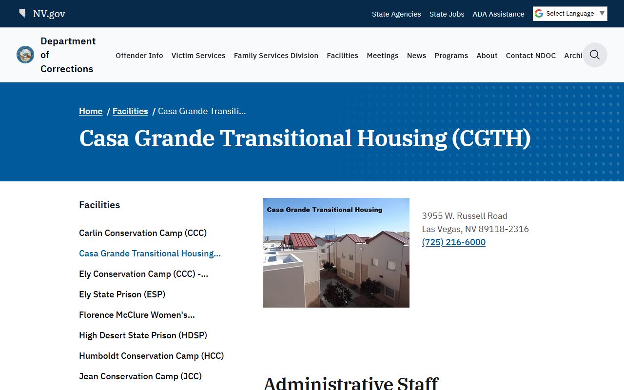 Casa Grande Transitional Housing NDOC facility page for Clark County inmate lookup